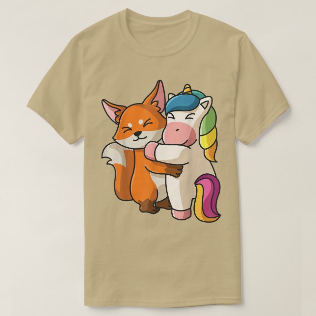 Fo and Unicorn Hugging Niedlich Kawaii Animal Love T-Shirt (Design vorne)