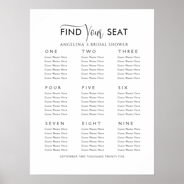 Foam Boards Seating plan 9 tables Bridal Shower Poster (Vorne)