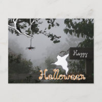 Foggy Autumn & Spider Ghost HALLOWEEN Postcard