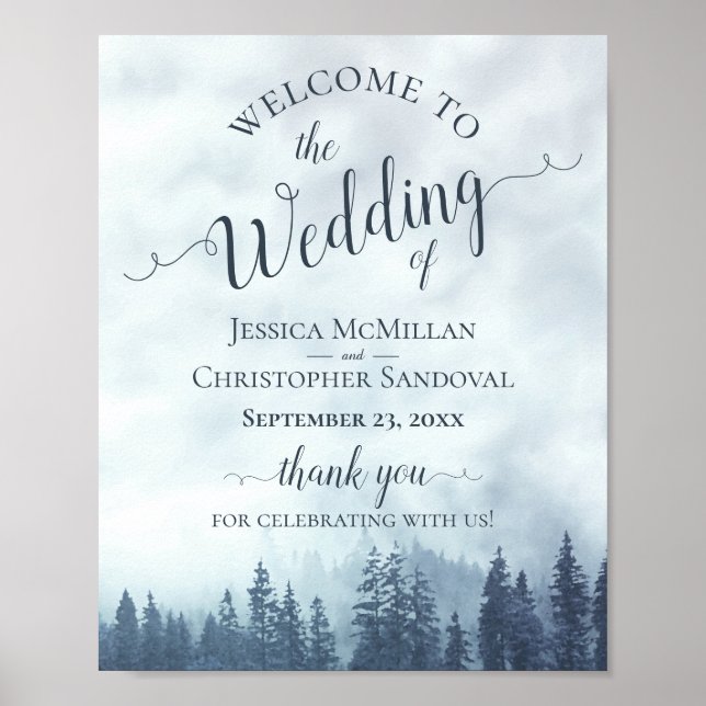 Foggy Blue Pine Forest Rustikale Hochzeit Begrüßun Poster (Vorne)