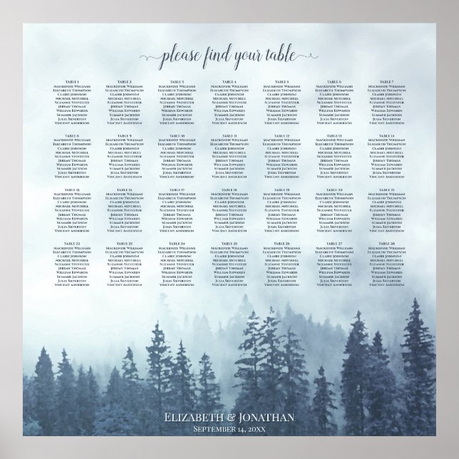 Foggy Blue Pines 28 Table Wedding Seating Chart Poster (Vorne)