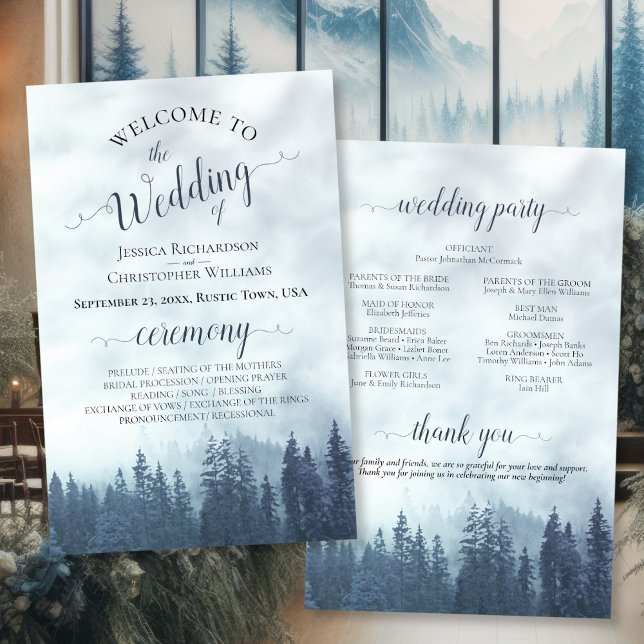 Foggy Blue Pines Budget Hochzeitsprogramm (Front/Back)