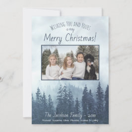 Foggy Blue Pines Foto Rustikale Wasserfarbe Weihna Feiertagskarte