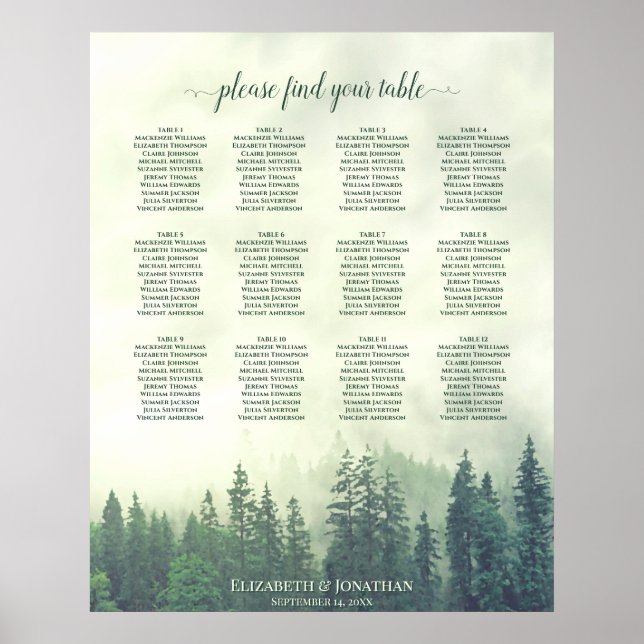 Foggy Green Forest 12 Table Wedding Seating Chart Poster (Vorne)