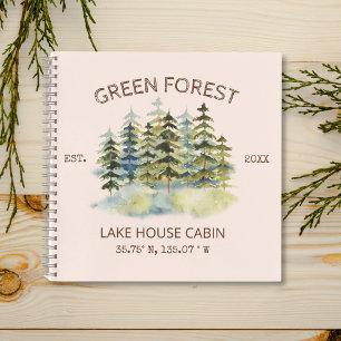 Foggy Green Forest Watercolor Cabin Gästebuch Notizbuch