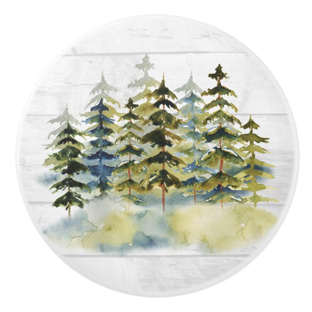 Foggy Green Pine Forest Watercolor White Wood Keramikknauf (Vorderseite)