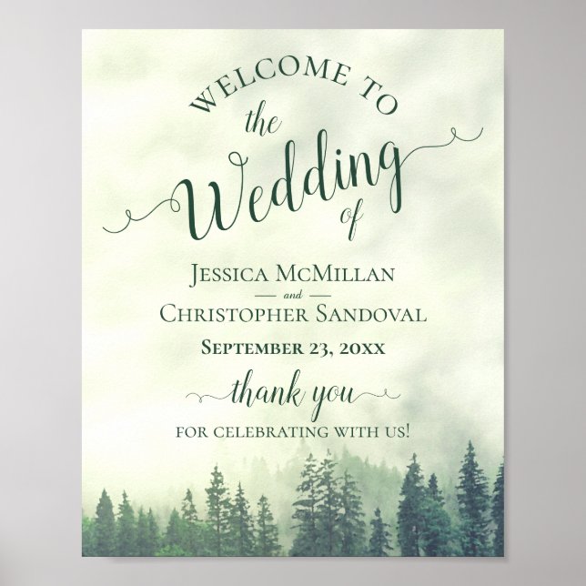 Foggy Green Pine Forest Wedding Willkommenszeichen Poster (Vorne)