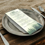 Foggy Green Pine Trees Rustikale Elegance Hochzeit Menükarte<br><div class="desc">Dieses Hochzeitsmenü ist einfach,  rustikal und elegant. Es enthält einen extravaganten Schriftzeichen-Titel mit einer waldreichen Bergkulisse grüne Kiefernbäume,  die in Nebel oder Nebel umhüllt sind. Die Rückseite ist eine tiefe Marmorwald grüne Farbe. Ideal für einen Empfang im Freien.</div>