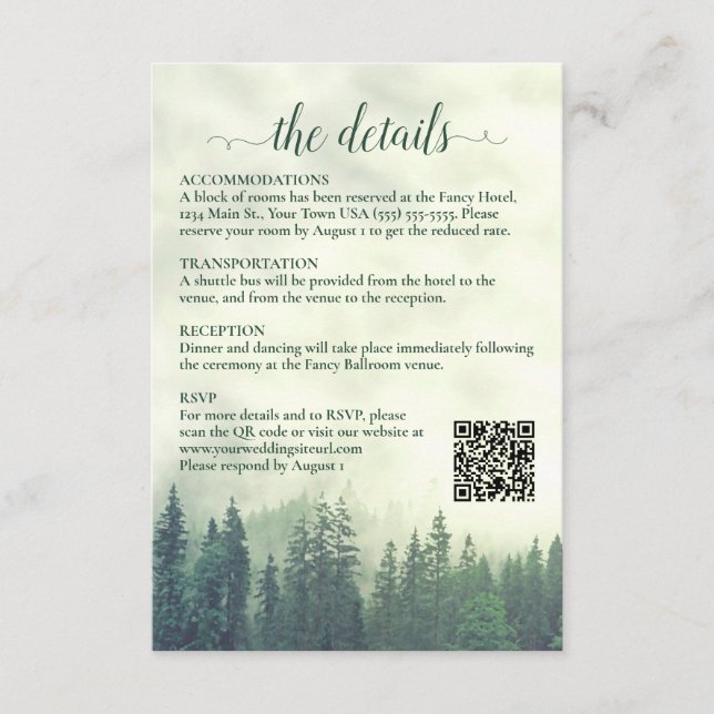 Foggy Green Pine Trees Wedding Details QR Code Begleitkarte (Vorderseite)