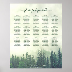 Foggy Green Pines 15 Table Wedding Seating Chart Poster