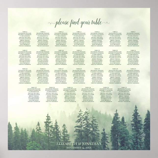 Foggy Green Pines 27 Table Wedding Seating Chart Poster (Vorne)