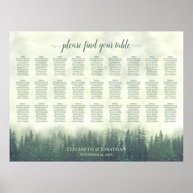 Foggy Green Pines 27 Table Wedding Seating Chart Poster (Vorne)