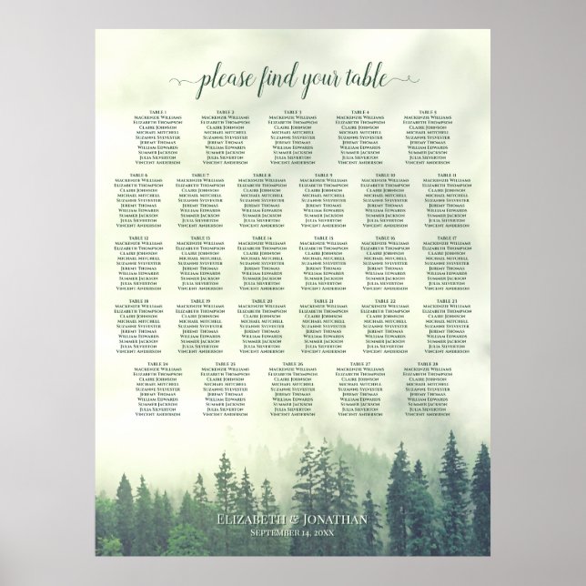 Foggy Green Pines 28 Table Wedding Seating Chart Poster (Vorne)