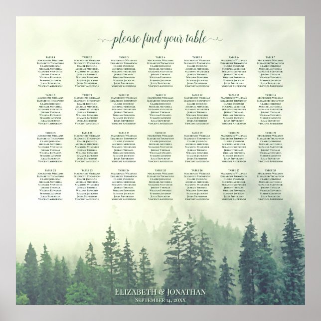 Foggy Green Pines 28 Table Wedding Seating Chart Poster (Vorne)