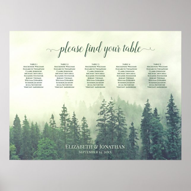 Foggy Green Pines 5 Table Wedding Chart Poster (Vorne)