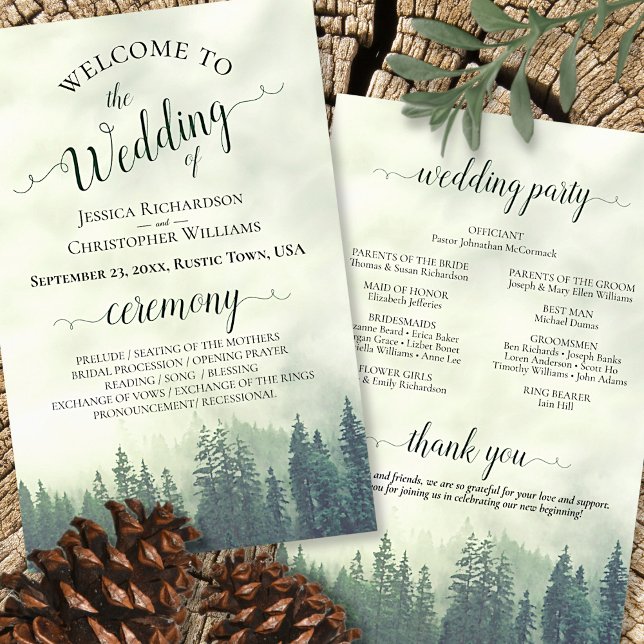 Foggy Green Pines Budget Hochzeitsprogramm (Front and Back)
