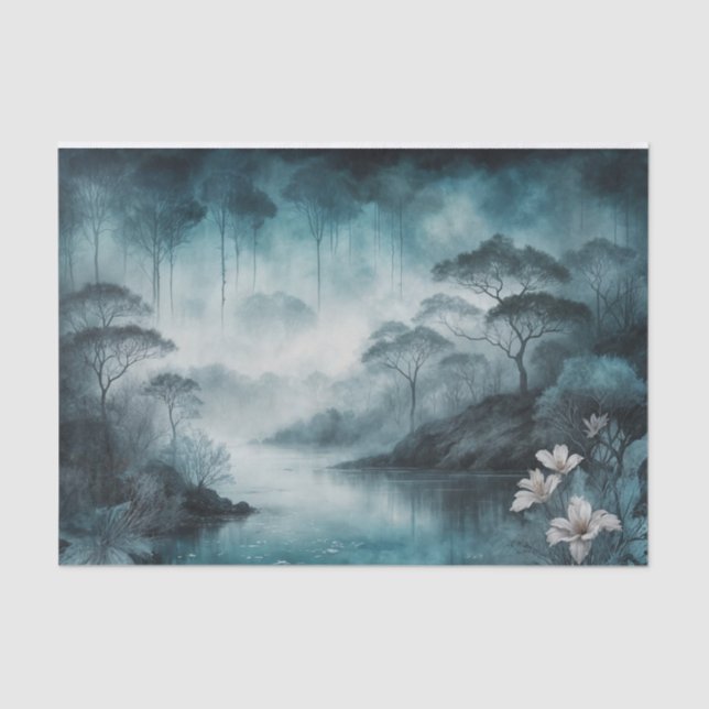 Foggy Lake Cove - Moody Blue und Grau Landschaft Seidenpapier (Vorderseite)