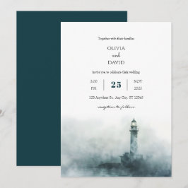 Foggy Lighthouse Morning Watercolor Beach Hochzeit Einladung