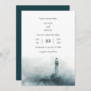 Foggy Lighthouse Morning Watercolor Beach Hochzeit Einladung