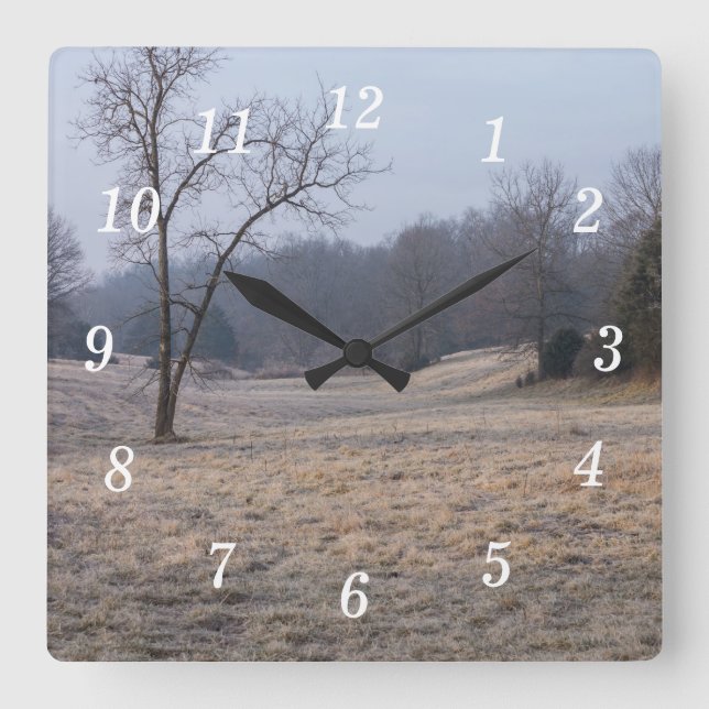 Foggy Meadow Wall Clock Quadratische Wanduhr (Vorderseite)