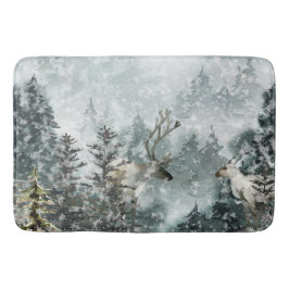 Foggy Mountain Snowy Woodland Forest Stag Deer Badematte