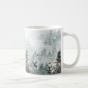 Foggy Mountain Snowy Woodland Forest Stag Deer Tas Kaffeetasse