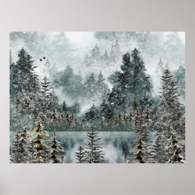 Foggy Mountain Woodland Frozen Lake Poster (Vorne)