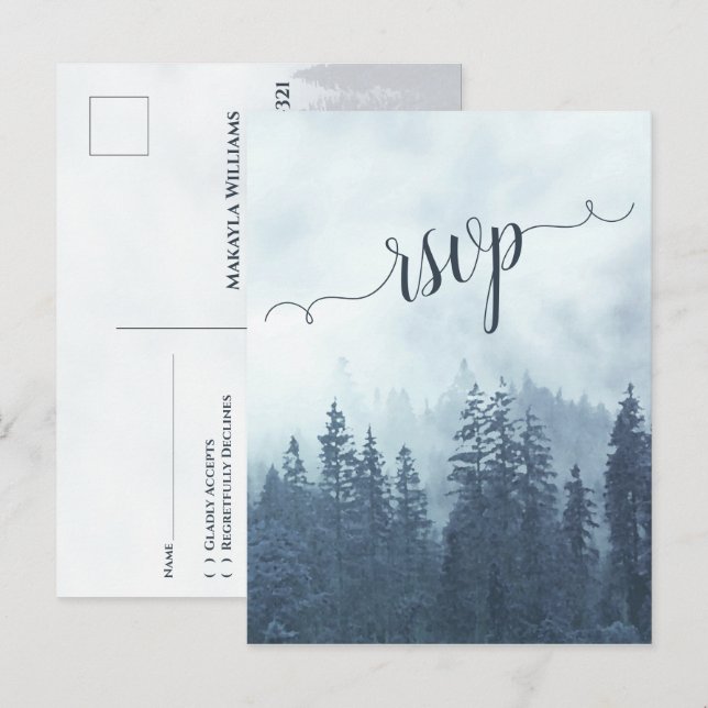 Foggy Mountains Blue Pine Forest Wedding RSVP Postkarte (Vorne/Hinten)