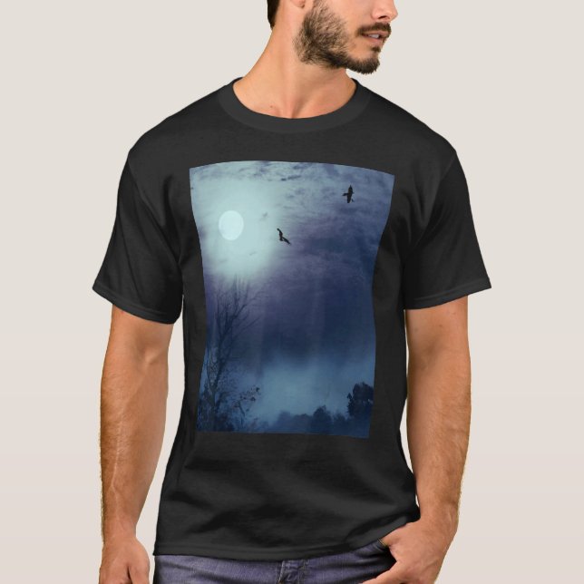 Foggy Nature Landschaft Vollmond und Fledermäuse T-Shirt (Vorderseite)