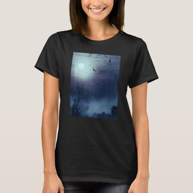 Foggy Nature Landschaft Vollmond und Fledermäuse T-Shirt (Vorderseite)