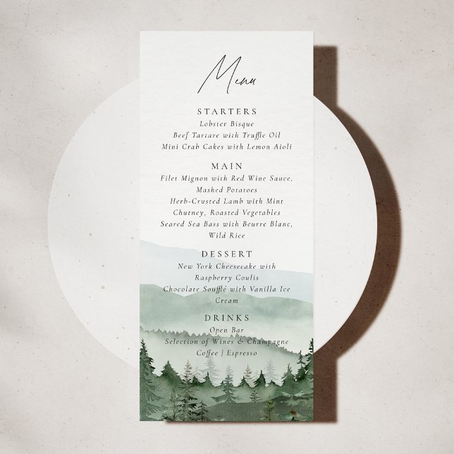 Foggy Pine Tree Mountain Wedding Menu Card Einladung (Von Creator hochgeladen)