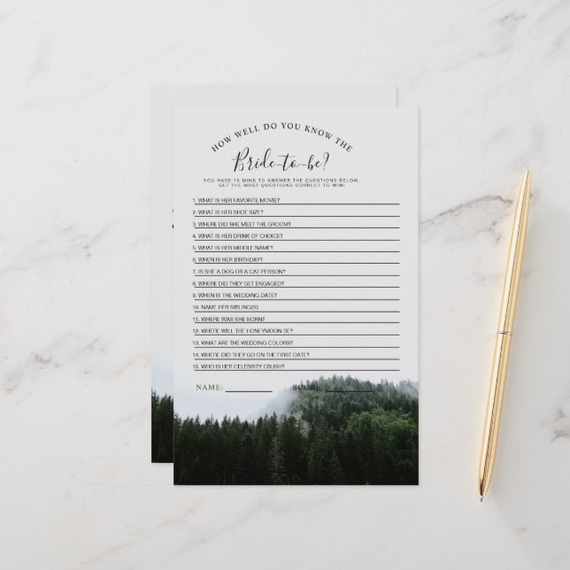 Foggy Pine Trees Rain Forest Brautparty Game (Vorderseite/Rückseite Beispiel)