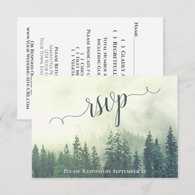 Foggy Pines Rustikaler Grünwald Hochzeit im Freien RSVP Karte (Vorne/Hinten)