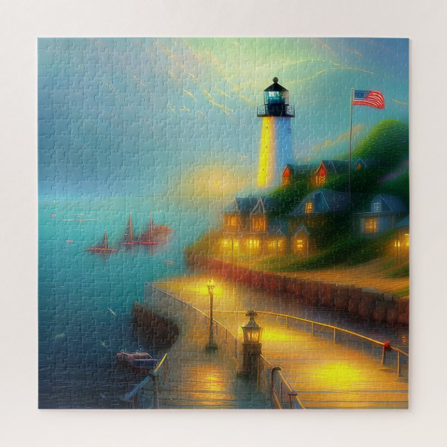 Foggy Seehafen und Leuchtturm Puzzle (Vertikal)
