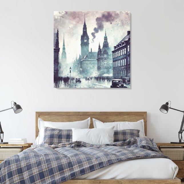 Foggy Urban Scene Gebäude, Kathedrale, Vintage Car Leinwanddruck (Insitu (Schlafzimmer))