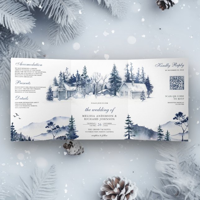 Foggy Winter Mountain Pine Forest QR Code Hochzeit Dreifach Gefaltete Einladung (Von Creator hochgeladen)