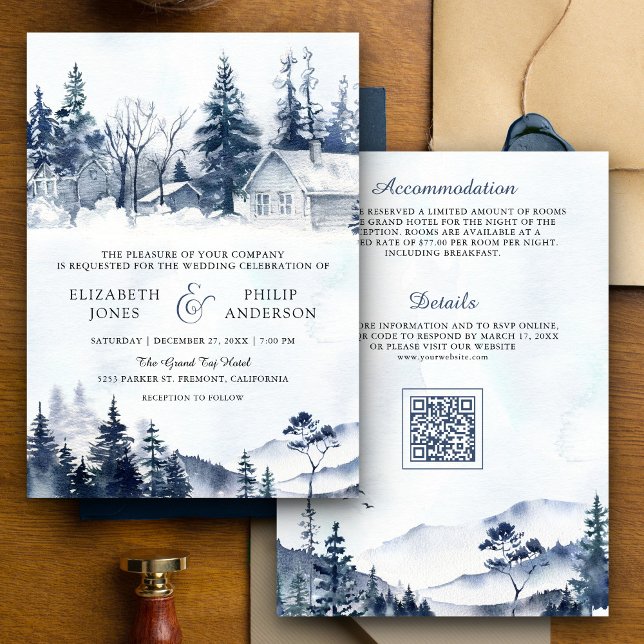 Foggy Winter Mountain Pine Forest QR Code Hochzeit Einladung (Von Creator hochgeladen)