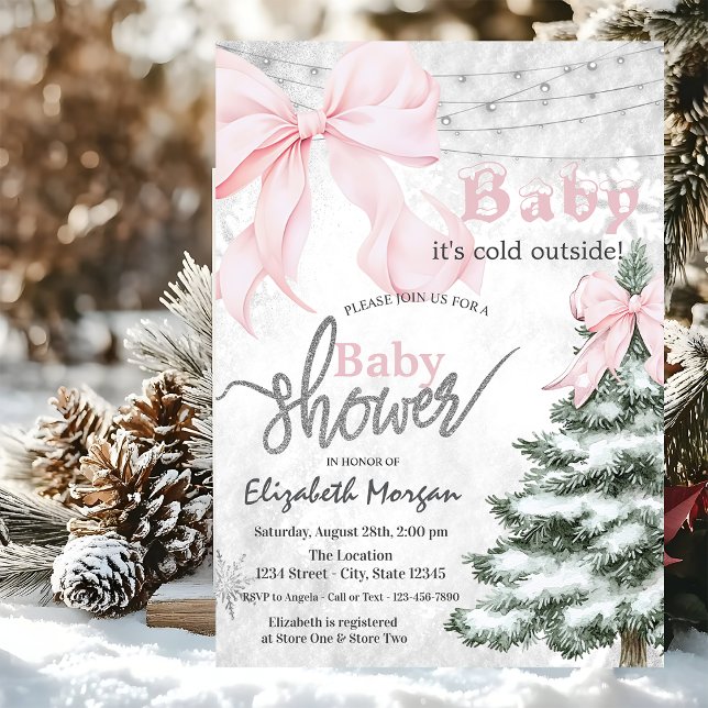 Föhre Rosa Schleife Schneeflocken Baby Shower Einladung (Von Creator hochgeladen)
