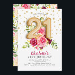 Foil Balloon Floral 21ST Geburtstagseinladung Einladung<br><div class="desc">Schöne rosa Blüte mit Zahlenfolienballons verziert mit Goldkonfetti.  Sehen Sie sich unsere passende Blumenrückseite für eine besondere Touch an.</div>