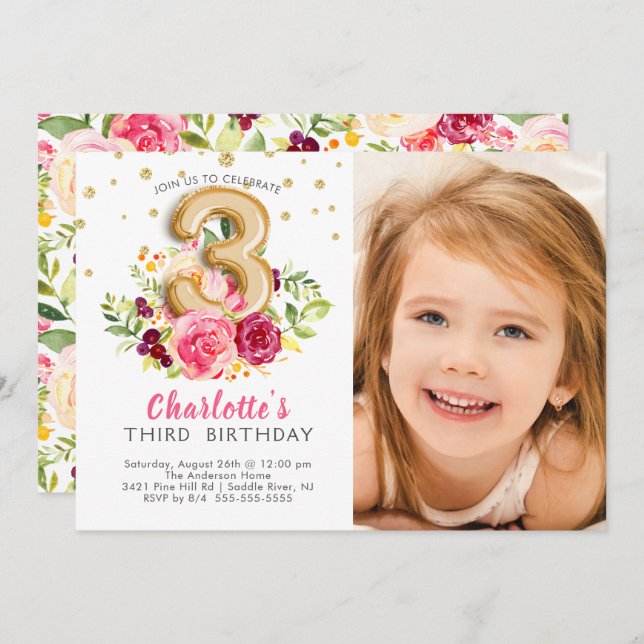 Foil Balloon Foto Dritter Geburtstag Einladung (Vorne/Hinten)