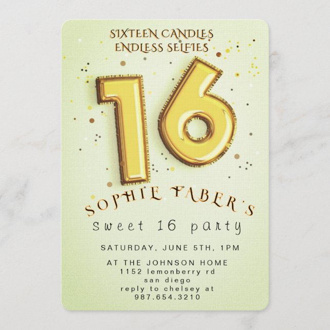 Foil Balloon Sweet Sixteen Birthday Party  Einladung (Vorderseite)