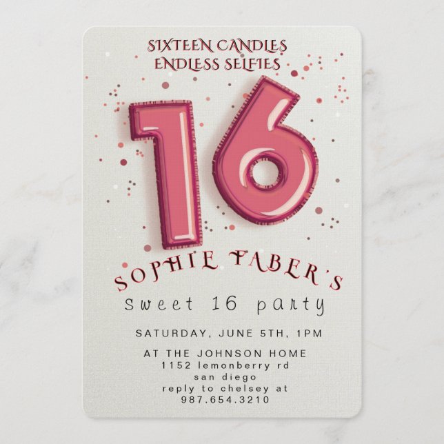 Foil Balloon Sweet Sixteen Birthday Party  Einladung (Vorderseite)
