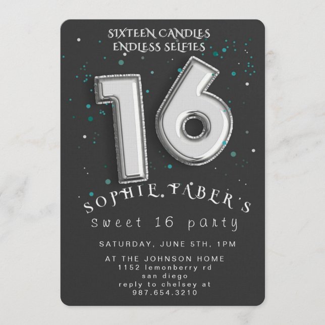 Foil Balloon Sweet Sixteen Birthday Party  Einladung (Vorderseite)