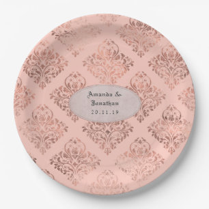 Foil Damask Rose Gold und Blush Wedding Pappteller