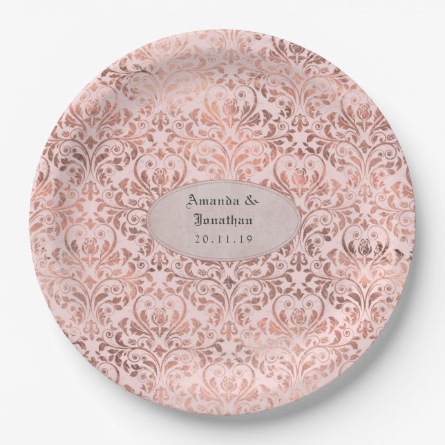Foil Damask Rose Gold und Blush Wedding Pappteller (Vorderseite)
