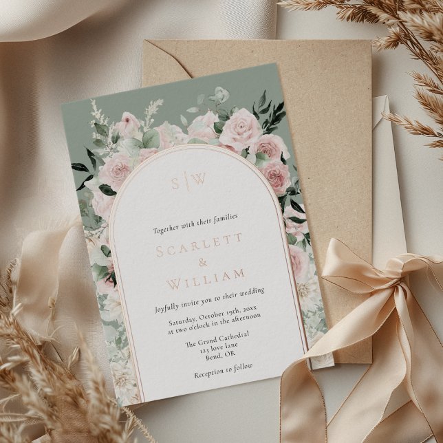 FOIL Dusty Rose Gold Arch Sage Monogram Wedding Folieneinladung (Von Creator hochgeladen)