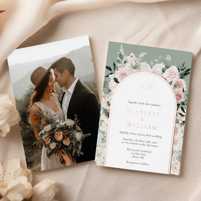 FOIL Dusty Rose Gold Sage Monogram Foto Wedding Folieneinladung (Von Creator hochgeladen)