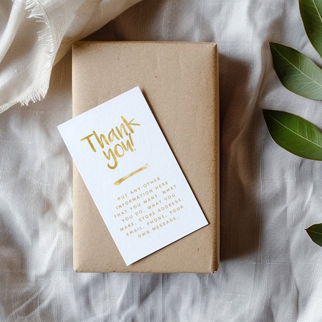 Foil-Effekt danke einfügen Karte soziale Links ("Thank you!" in a fun script with a gold foil effect, all on a white background enclosure card)