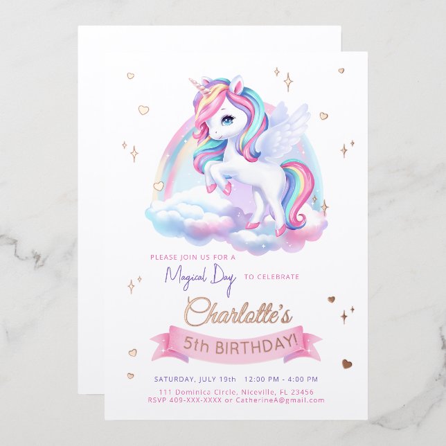 Foil Einladung Einhorn Geburtstag. (Vorderseite/Rückseite)
