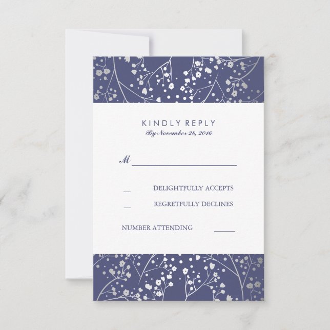 Foil Gipskraut Navy Silver Wedding RSVP Karten (Vorderseite)